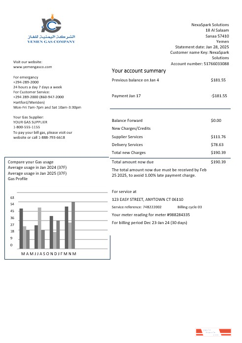 Yemen Gas Company business utility bill template in Word and PDF formats